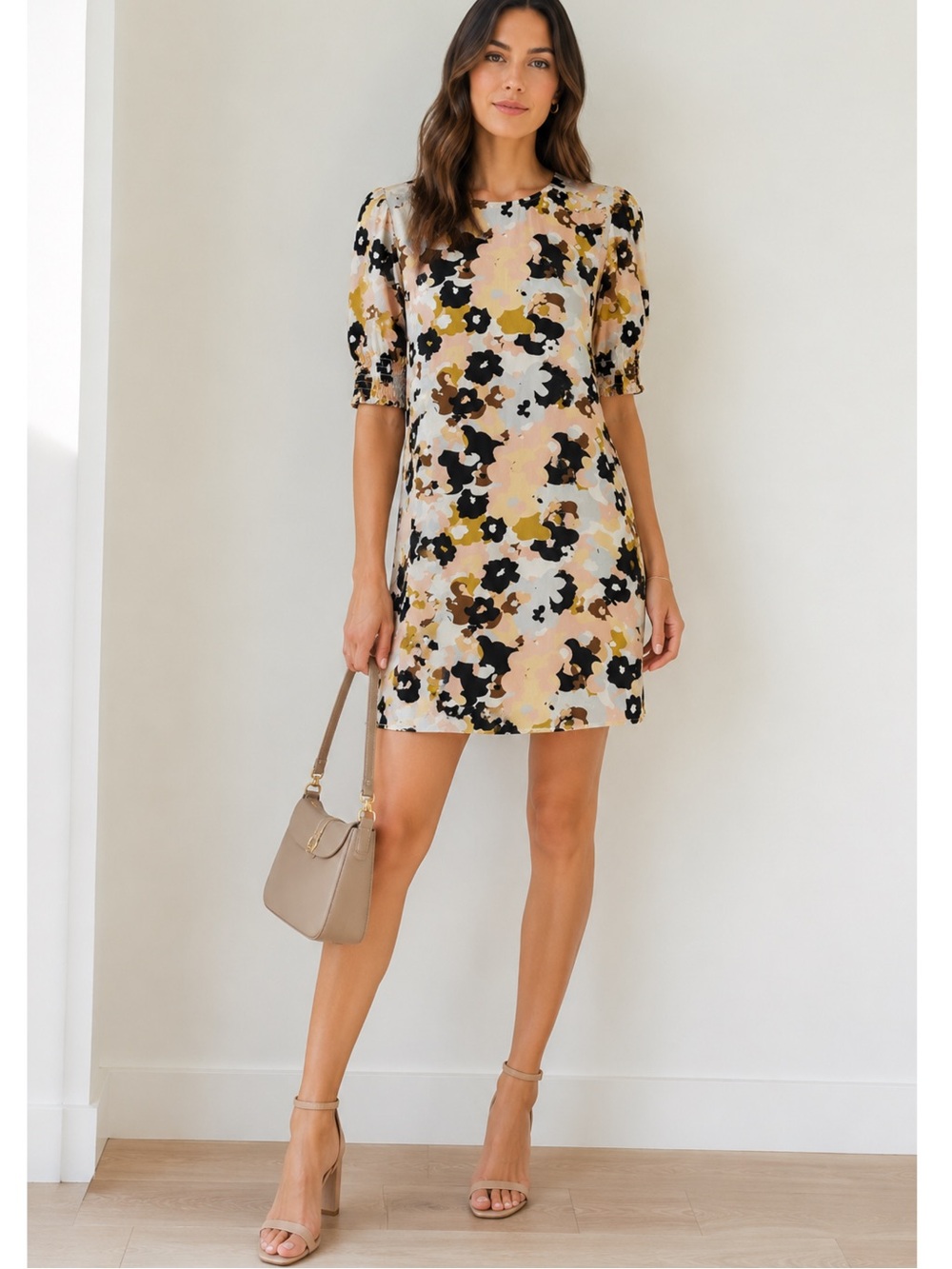 LOFT Outlet Floral Puff Sleeve Smocked Cuff Shift Dress 8 EUC